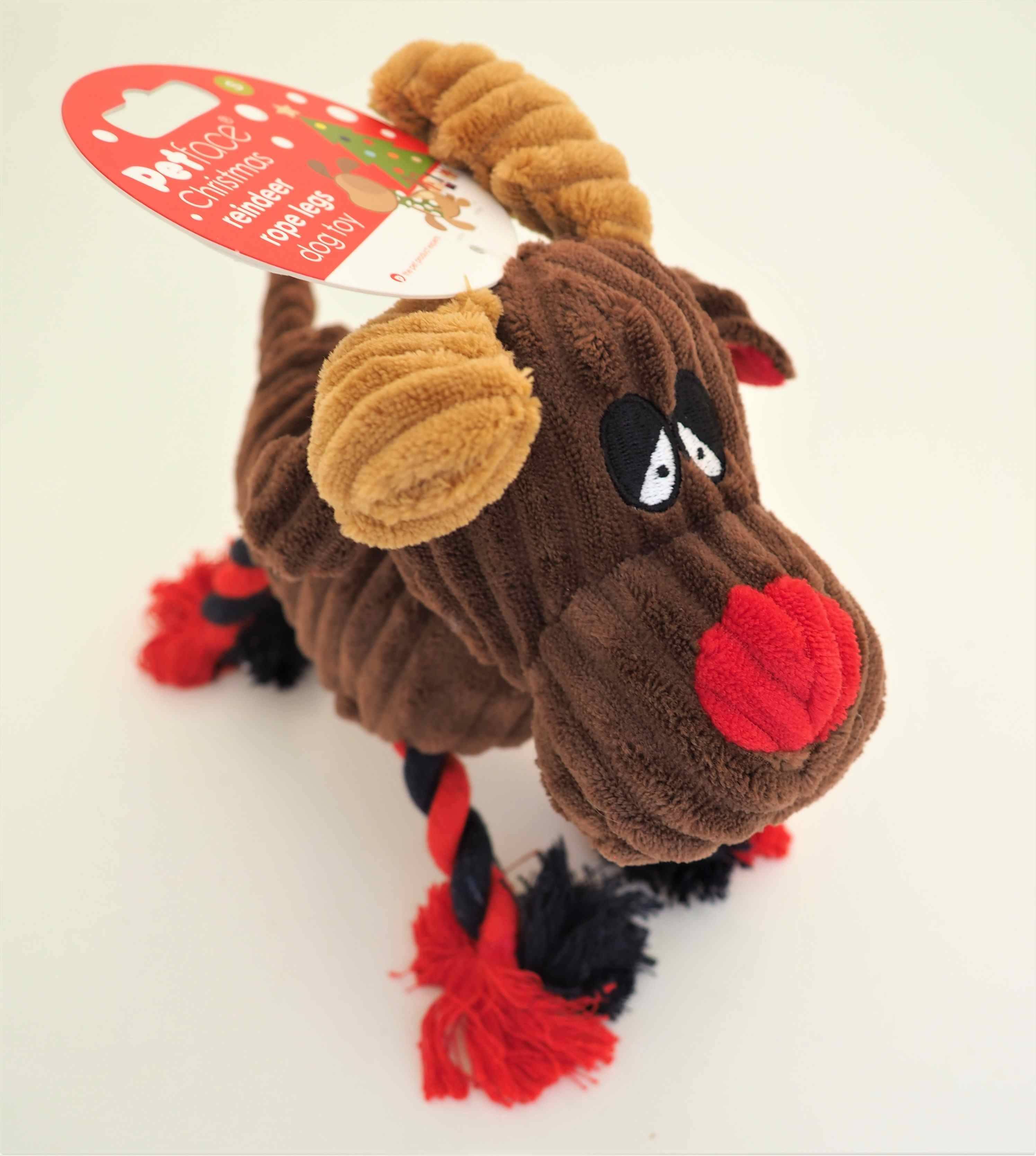 Petface Christmas Cord Reindeer with Rope Legs Squeaky Dog Toy Meadow