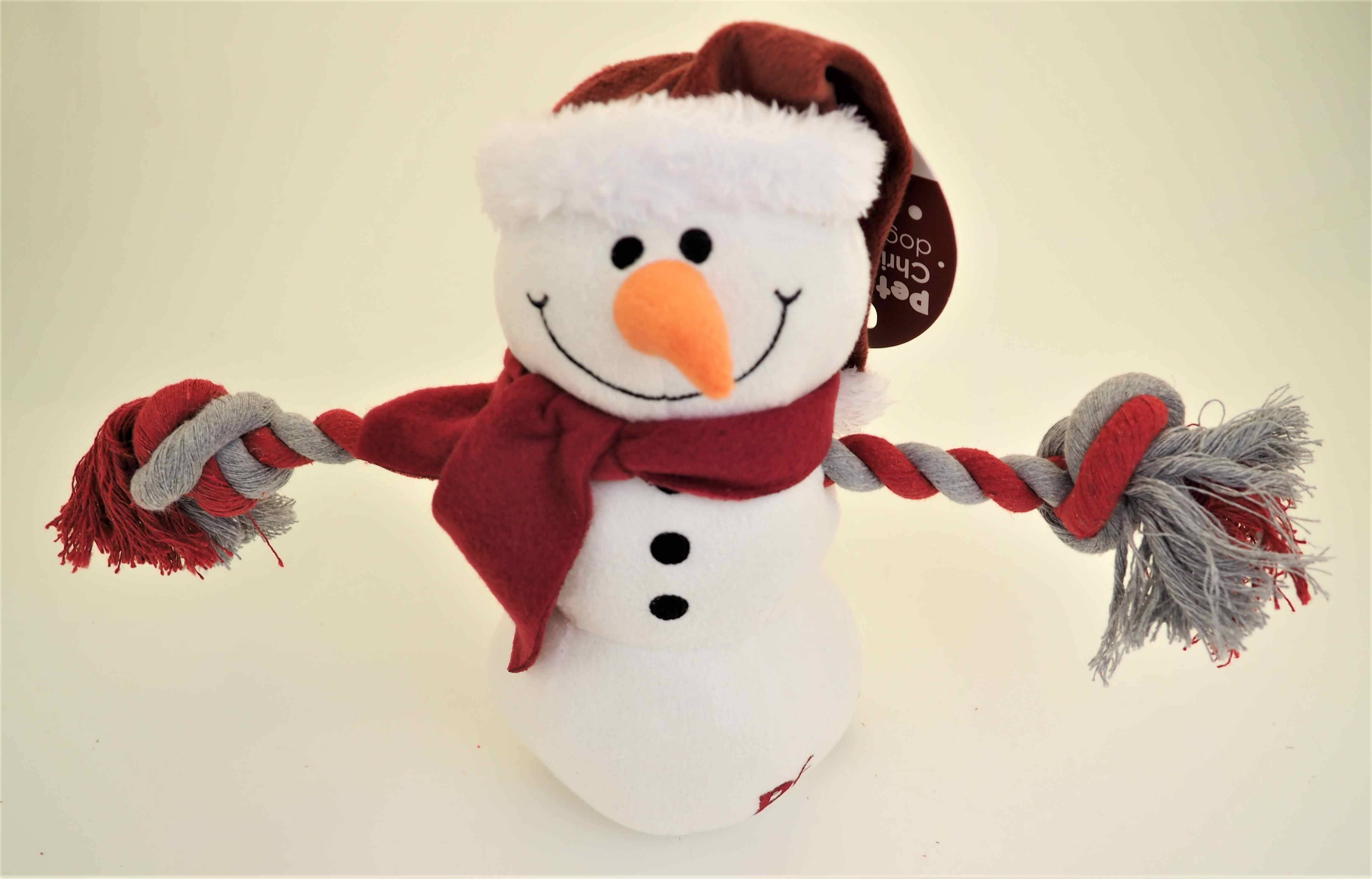 Petface Christmas Snowman with Rope Arms Squeaky Dog Toy Meadow Croft